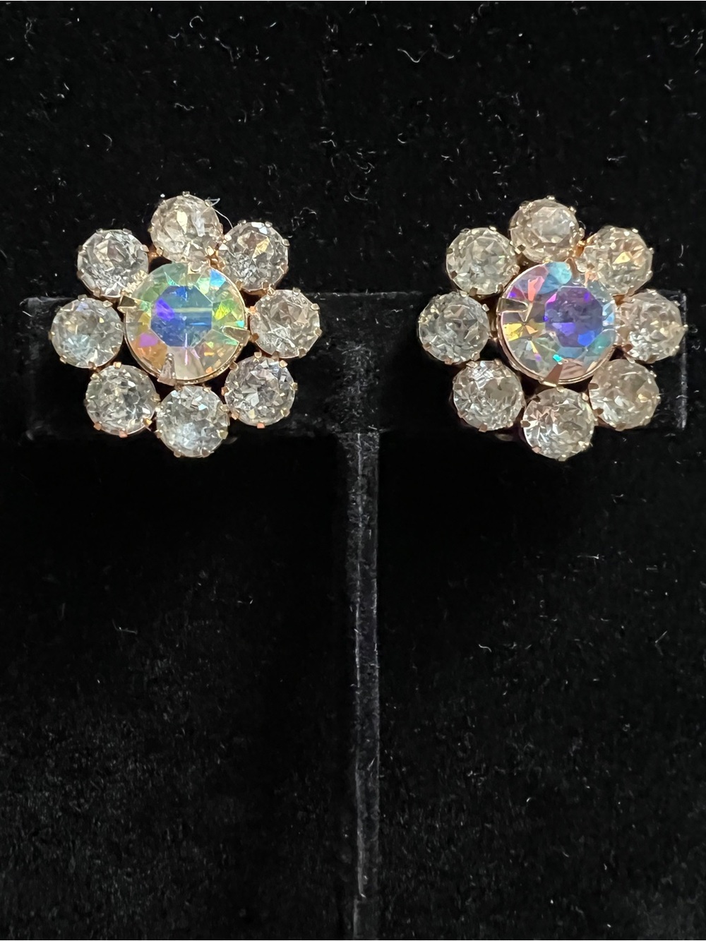 Vintage WEISS Signed Aurora Borealis Rhinestone Flower Clip-On Earrings